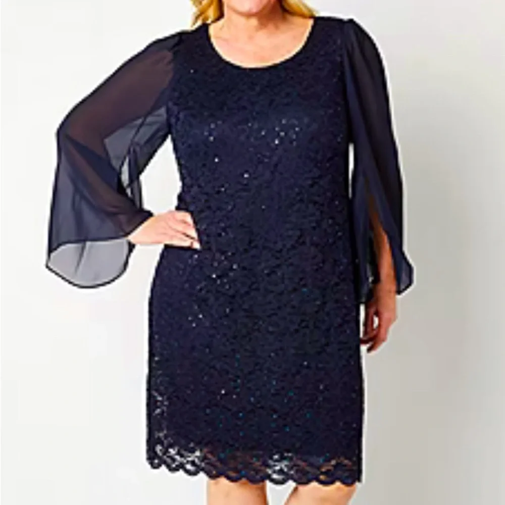Women’s Formal Dress Plus Size 22W Connected Apparel Navy Sequined Lace Cocktail